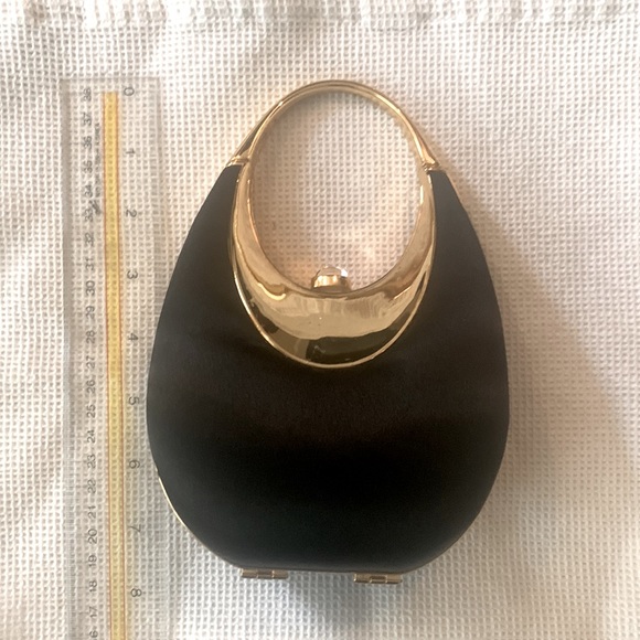 Jessica McClintock black satin evening bag with rhinestones and gold trim - Picture 2 of 5